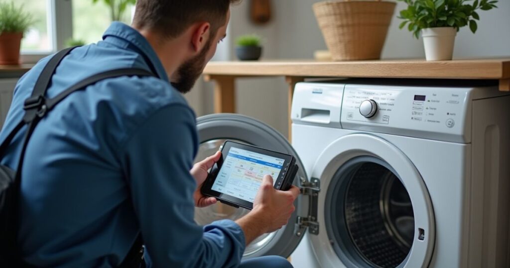 A professional technician performing detailed washing machine inspection