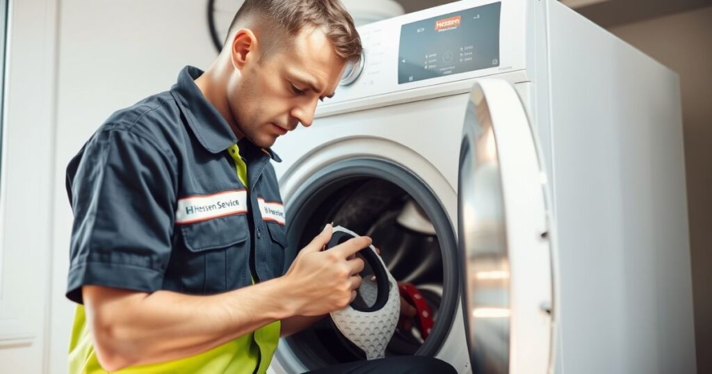 A professional technician performing washing machine cleaning