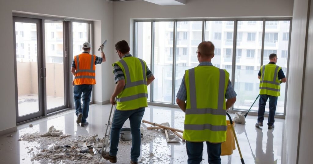 A team of professional cleaners in safety vests is removing construction debris and cleaning newly laid tiles in a new residential or office building
