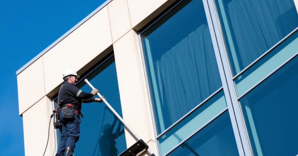 Fensterreinigung an einer modernen Gebäudefassade in Staufenberg