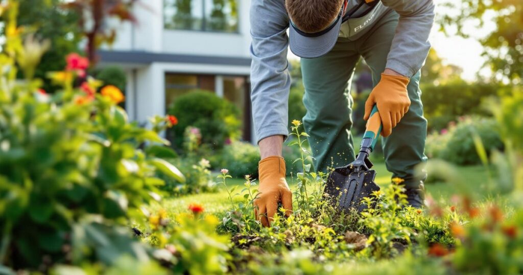 Professional gardener tending to a well-maintained garden in Giessen, Germany