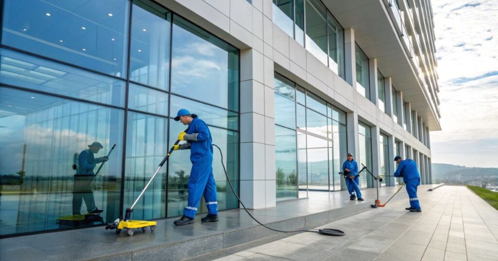 Professional cleaning team using modern high-pressure equipment to clean a modern glass and concrete office building facade in daylight