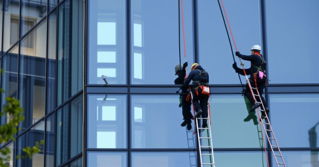 Professional window cleaners working on a modern office building's glass facade