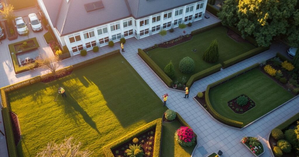 Aerial view of professional gardeners maintaining a large commercial property in Giessen