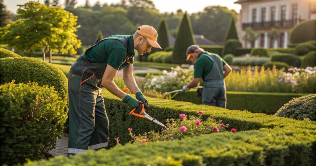 gartenarbeit in einem grossen wohngarten in giessen