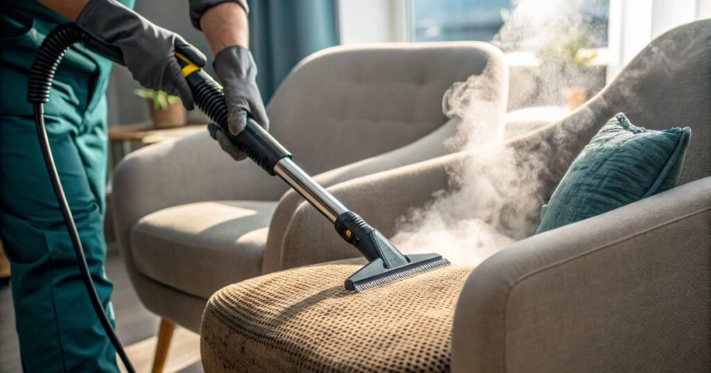 professional cleaning equipment treating a fabric armchair