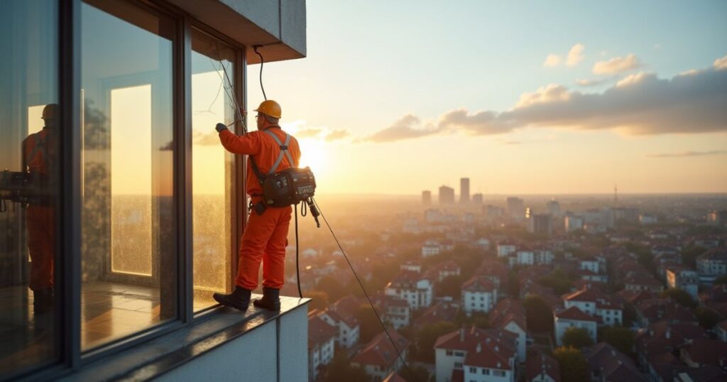 Professional window cleaner using advanced equipment on large windows of a residential building in Giessen