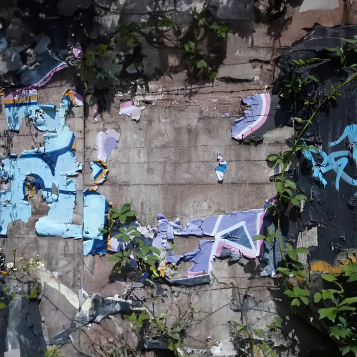 Eine verwitterte Wand mit abblätterndem Graffiti und überwucherten Pflanzen in Albstadt