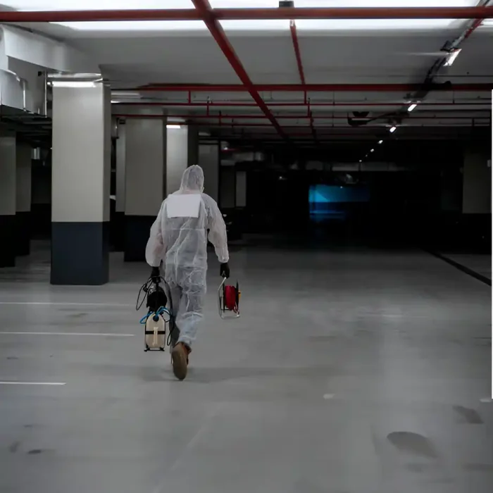 Eine Person in einem Schutzanzug geht durch die Tiefgarage in Reutlingen