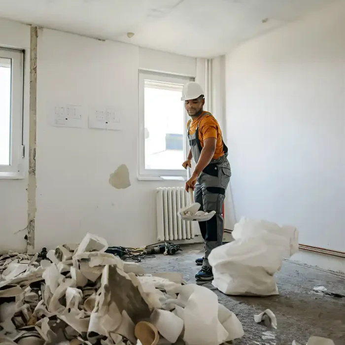 Arbeiter mit Schutzhelm bei der Beseitigung von Schutt in einem teilweise renovierten Raum in Sinsheim