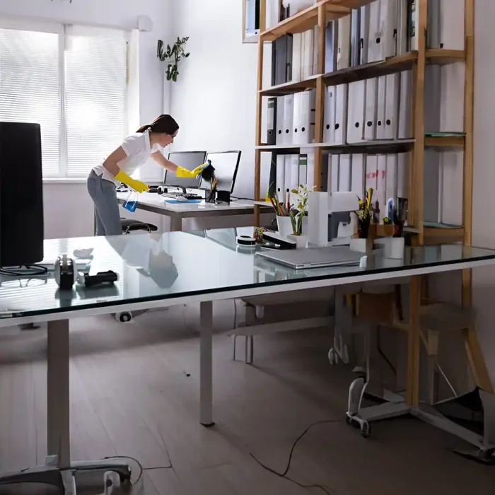 Desinfektion des Schreibtisches im Büro in Reutlingen