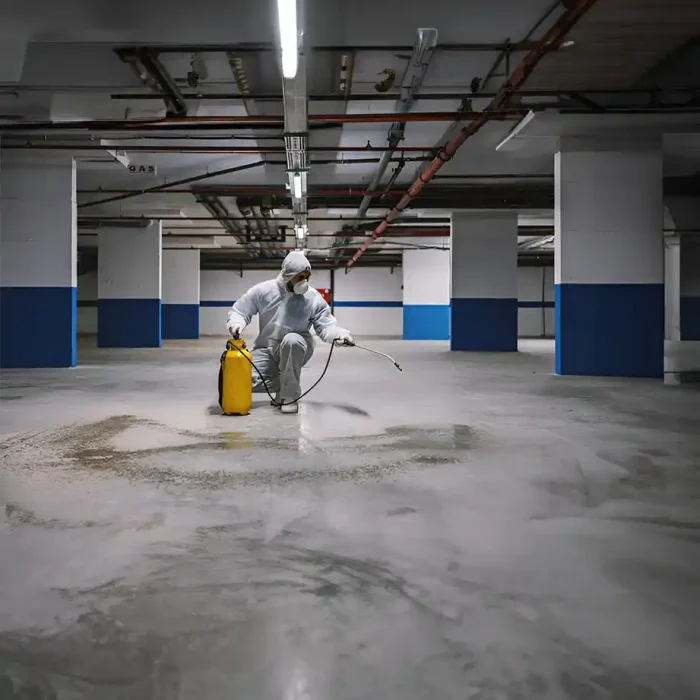 Eine Person in Schutzkleidung desinfiziert mit einem gelben Sprühgerät eine große leere Garage in Reutlingen