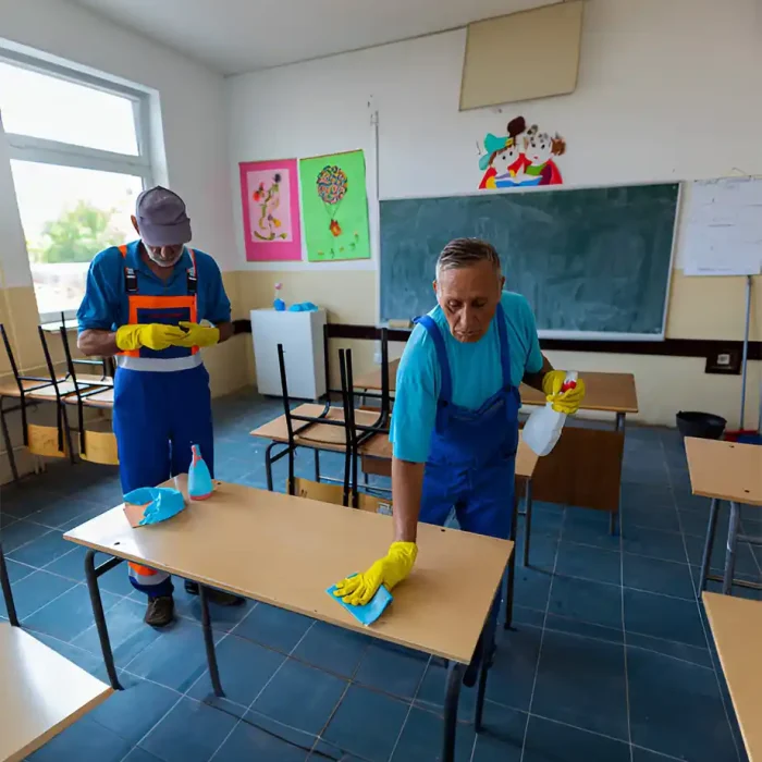 Zwei Arbeiter reinigen mit gelben Handschuhen Schreibtische in einem Klassenzimmer in Reutlingen