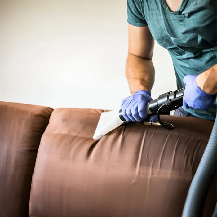 Mann mit Handschuhen beim Staubsaugen eines braunen Sofas in einem Wohnzimmer