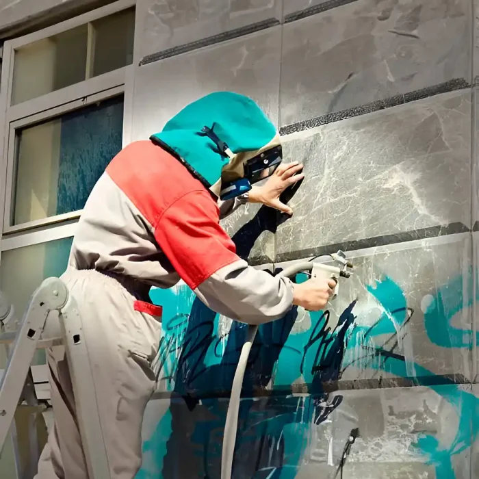 Arbeiter in Schutzkleidung mit einem Werkzeug zur Entfernung von Graffiti an einer Steinfassade in Albstadt
