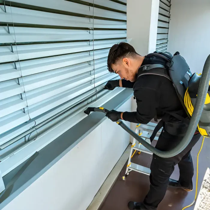 Reinigungsexperte mit High-Tech-Maschine, der Jalousien professionell und detailliert reinigt in Potsdam