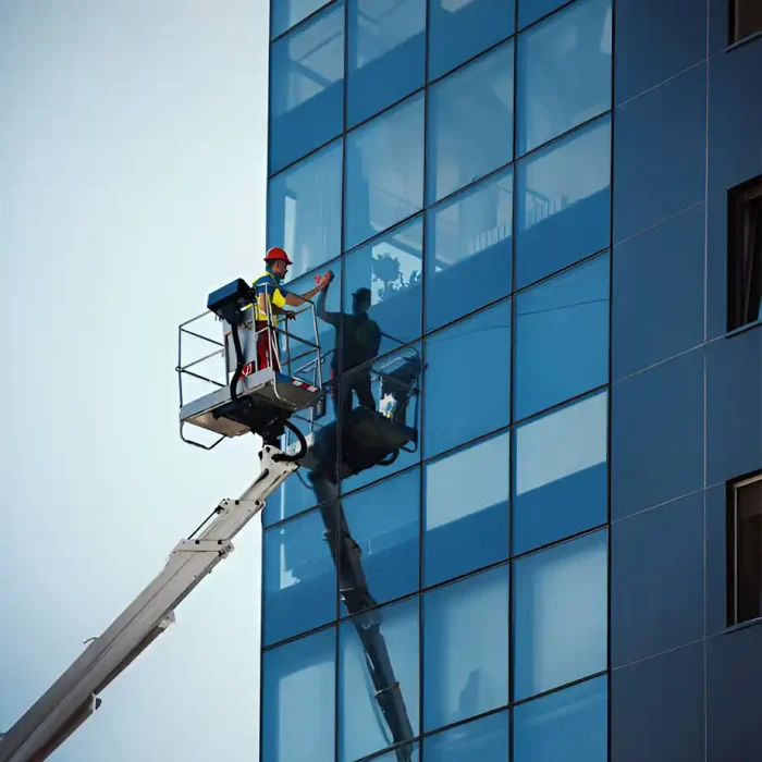 Arbeiter putzt mit einem Aufzug die Fenster eines hohen Gebäudes in Betzdorf