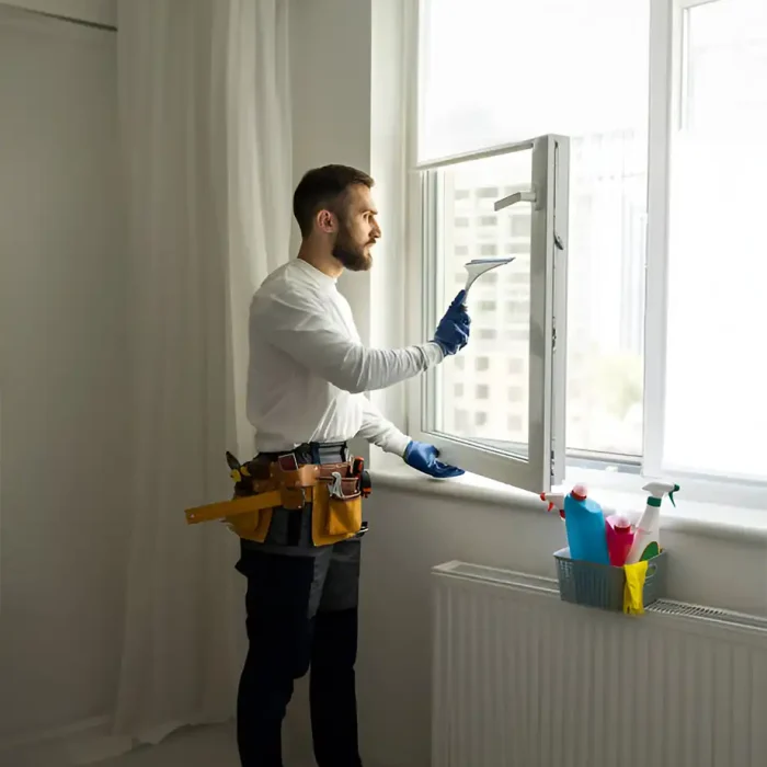 Ein Mann reinigt mit einem Abzieher ein Innenfenster
