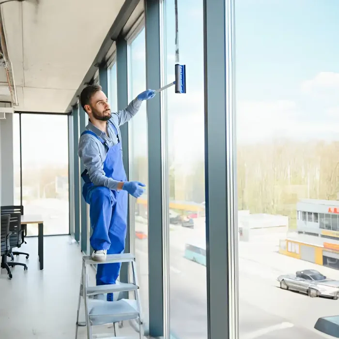 Ein Mann auf einer Leiter reinigt große Bürofenster mit einem Abstreifer