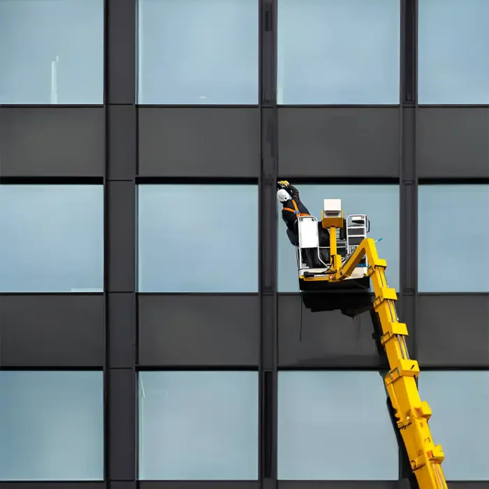 Arbeiter in einem Aufzug, der Fenster in einem Hochhaus reinigt in Einbeck