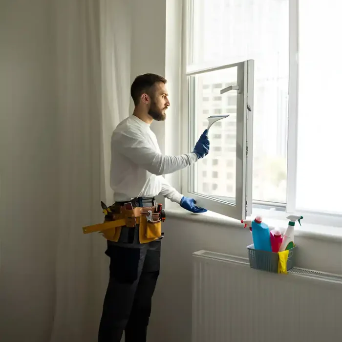 Mann reinigt ein Fenster mit einem Fensterwischer, Reinigungsmittel in der Nähe in Betzdorf