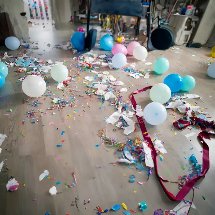 Raum voller bunter Luftballons, Konfetti und Luftschlangen, die aufgeräumt werden müssen in Coswig