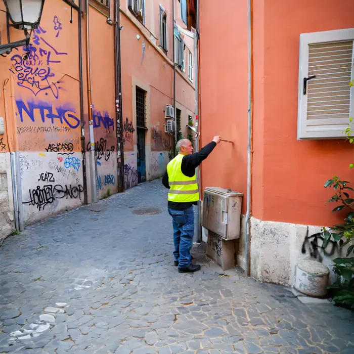 Arbeiter in Warnweste übermalt Graffiti auf einer bunten Stadtmauer in Albstadt