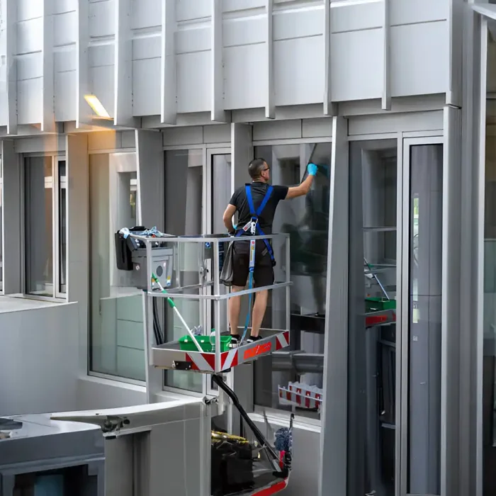 Mann steht auf einer elektrischen Leiter und putzt das Fenster einer Gewerbeimmobilie