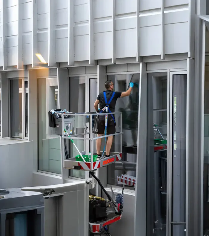 Mann steht auf einer elektrischen Leiter und putzt das Fenster einer Gewerbeimmobilie in Ludwigslust