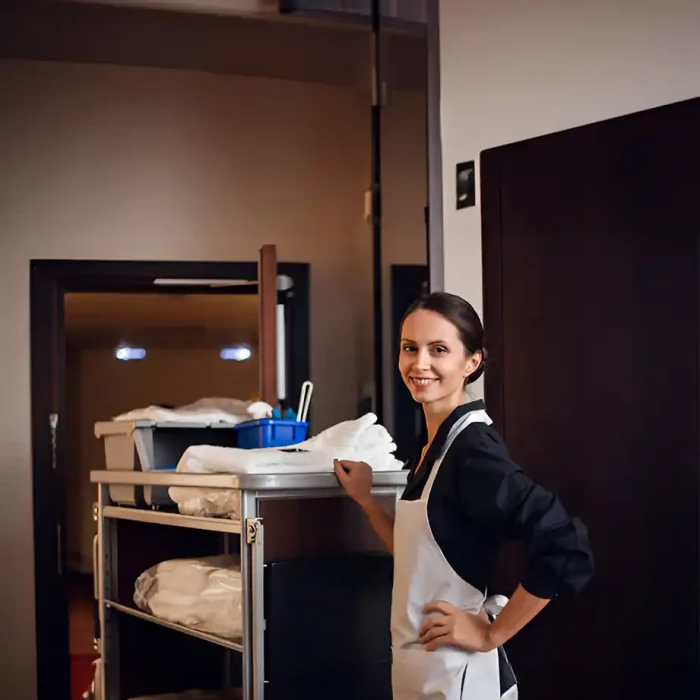 Lächelnde Haushälterin steht neben einem Reinigungswagen in einem Hotelkorridor