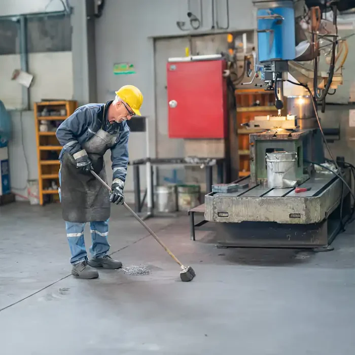 Arbeiter mit Schutzhelm beim Fegen von Schutt auf dem Boden einer Anlage in Sinsheim