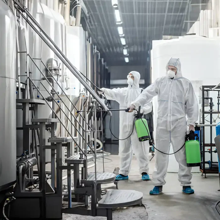 Techniker in Schutzanzügen bei der Verwendung von Sprühgeräten in einer Fabrikumgebung