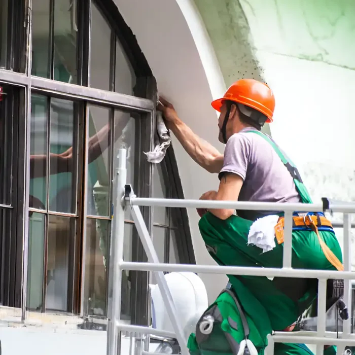 Arbeiter in einem Geschirr, der hohe Fenster mit einem Tuch reinigt in Betzdorf