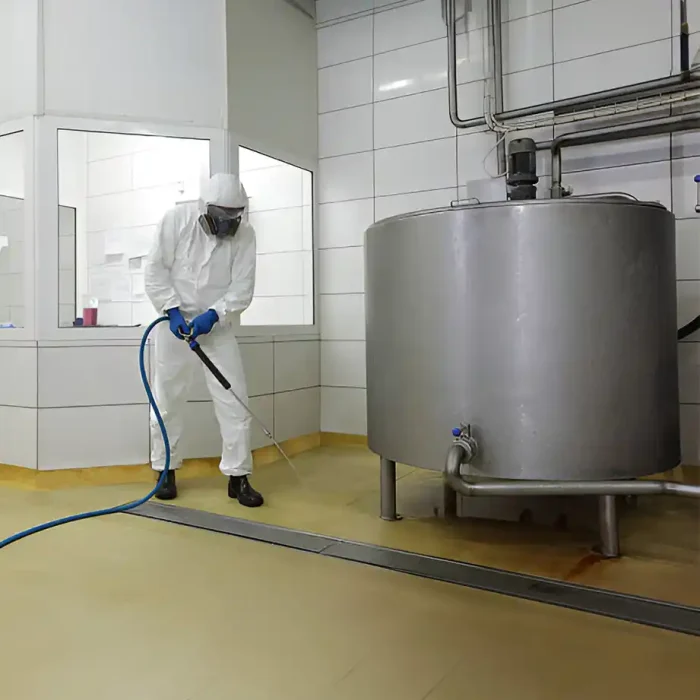 Arbeiter im Schutzanzug reinigt mit einem Schlauch eine Industrieanlage in Sinsheim