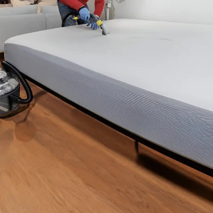 Techniker verwenden einen Staubsauger auf einer Matratze in einem Schlafzimmer