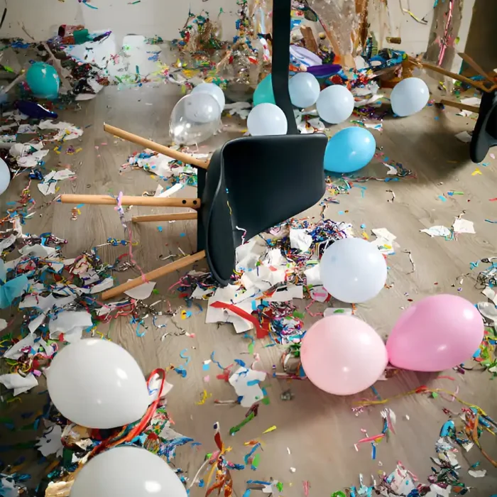 Der Raum ist nach einer Party mit Luftballons, Konfetti und umgestürzten Möbeln übersät in Coswig