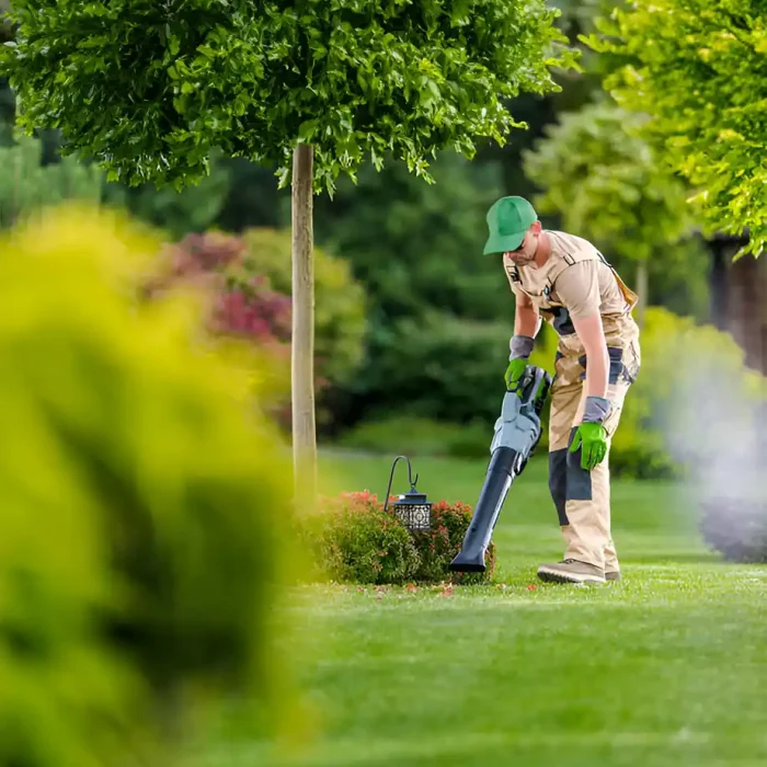 Arbeiter, der mit einem Laubbläser einen Gartenbereich aufräumt