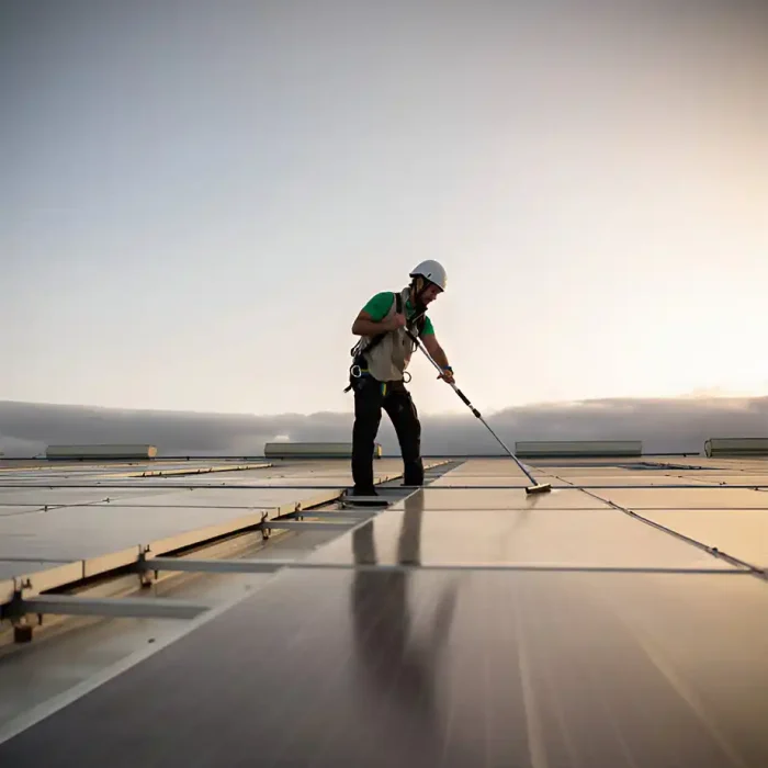 Arbeiter reinigt Solarpaneele bei Sonnenuntergang, was zu Reflexionen auf den Paneelen führt