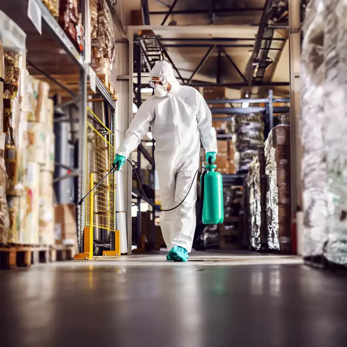 Person in Schutzkleidung bei der Desinfektion des Bodens einer Industrieanlage mit großen Tanks in Recklinghausen