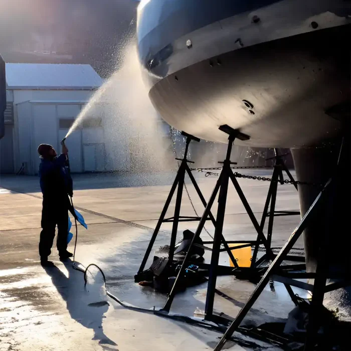 Arbeiter reinigt den Rumpf eines Bootes in einer Werft mit einem Hochdruckreiniger