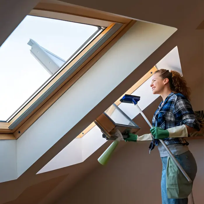 Frau lächelnd beim Reinigen der Fenster in einem Haus Dachboden