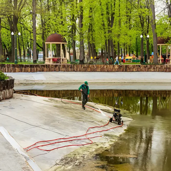 Ein Arbeiter reinigt mit einem Hochdruckreiniger ein leeres Schwimmbecken in einer Parkanlage