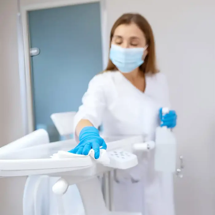 Frau mit Maske und Handschuhen bei der Reinigung medizinischer Geräte