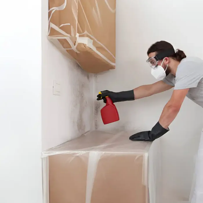 Mit Handschuhen und einem Schwamm wird Schimmel von einer Wand entfernt