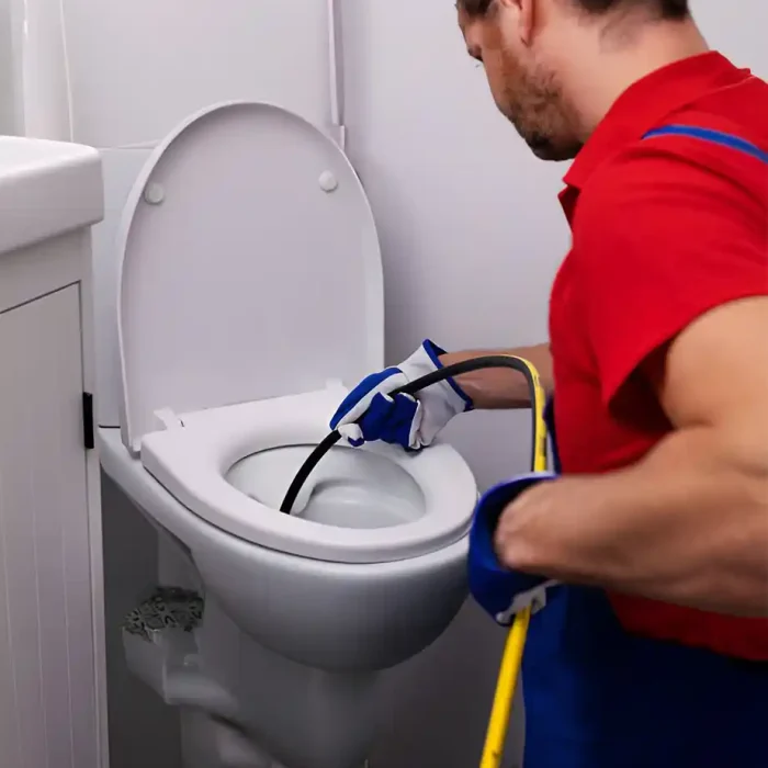 Techniker mit Geräten zur Beseitigung einer Toilettenverstopfung