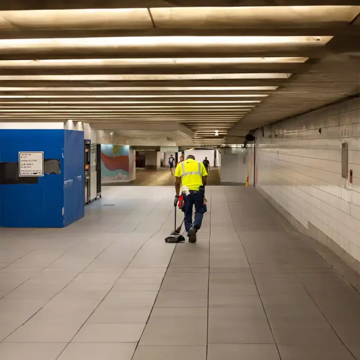 Ein Arbeiter in einer Warnweste reinigt den Boden in Reutlingen