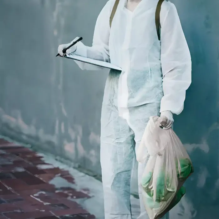 Person im Schutzanzug mit einem Klemmbrett und einem Sack mit Abfällen