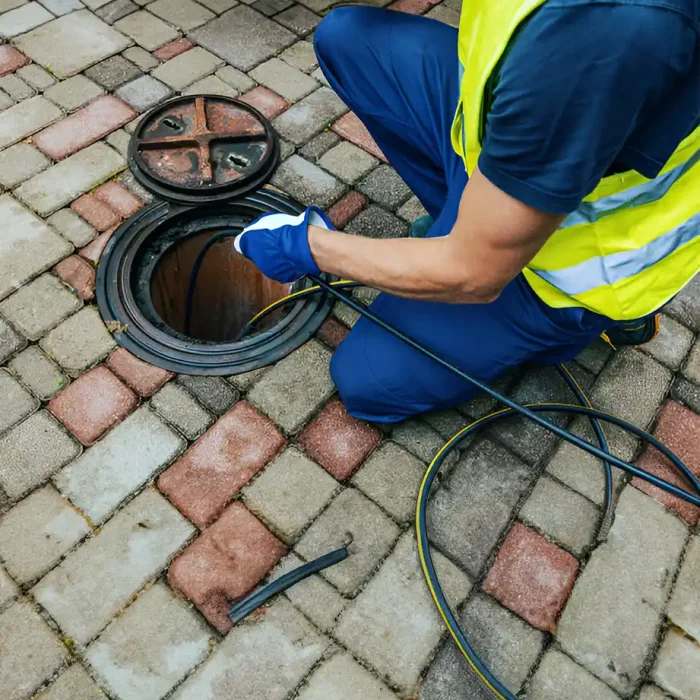 Arbeiter in Sicherheitsweste bei der Inspektion und Reinigung eines Schachts