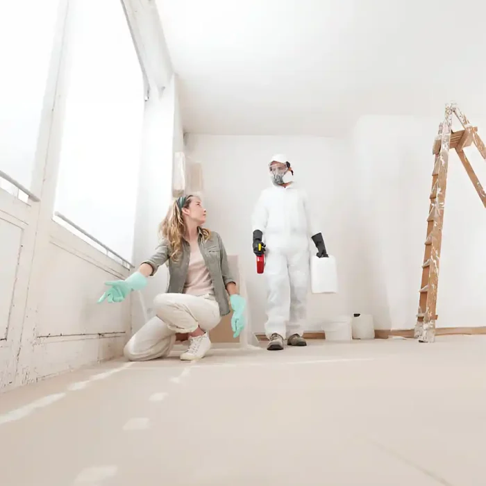 Reinigungswerkzeug und Handschuhe an einer schimmelbefallenen Wand