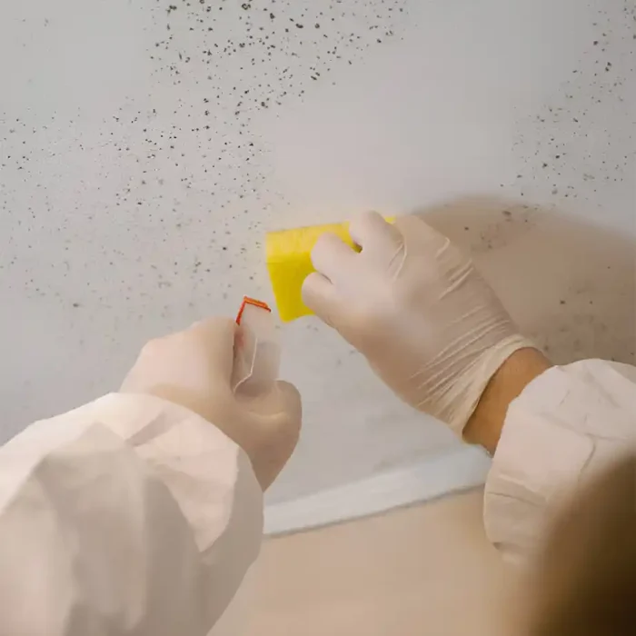 Person im Schutzanzug bei der Untersuchung von Schimmelpilzwachstum an einer Decke